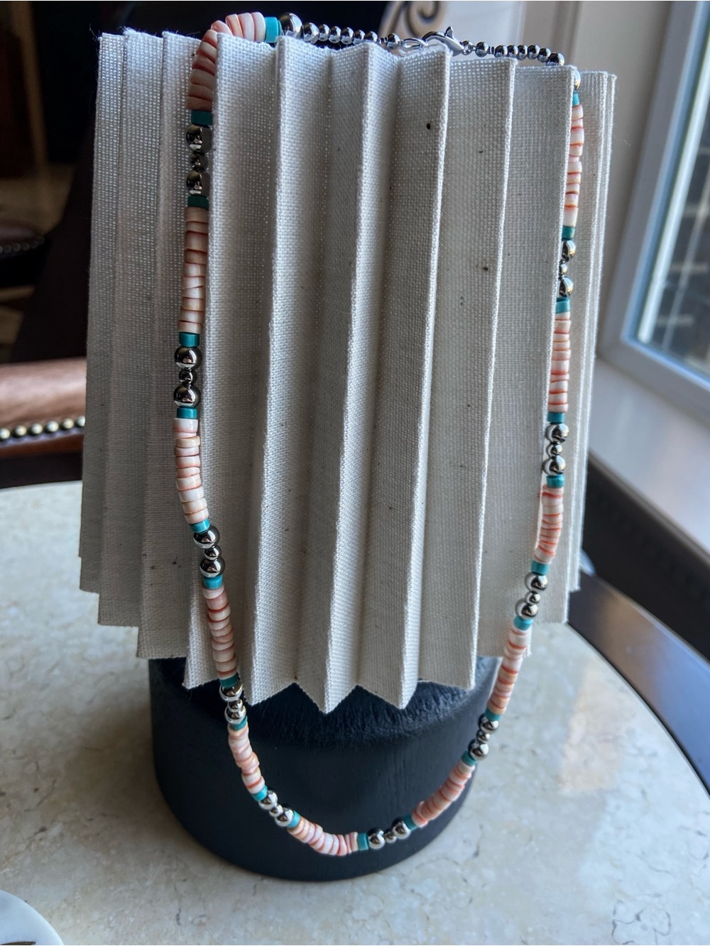 Pink Shell and Turquoise Beaded Necklace - Stainless Steel - Navajo Pearl Style